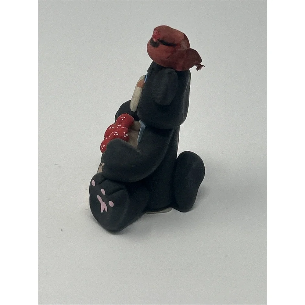 NEW Handmade Polymer Clay Figurine Black Cat w/ Bird Seed Bag & Cardinal on Head